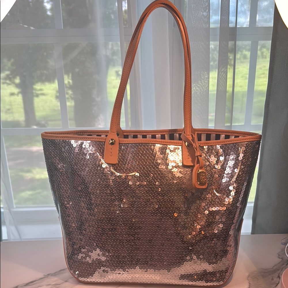 Henri Bendel Tan and Silver Coated Sequin Tote Bag with Leather Handles